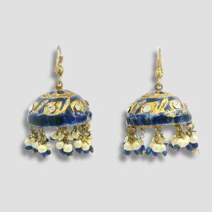 Vintage Jhumka Chandelier Earrings Half Sphere Enamel Beaded Tassels Blue/Gold $